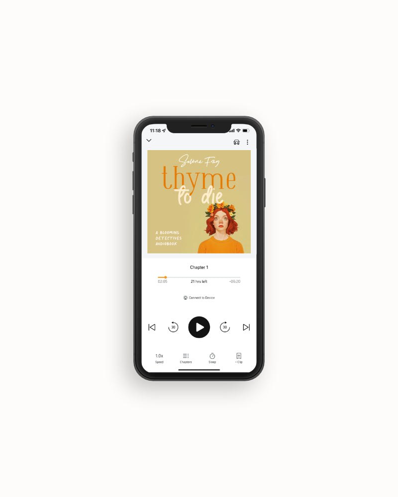 An image of an audiobook in an app on an iPhone, its cover is a light pistachio green with an illustration of a confused looking woman with red hair and a flower crown on her head on the bottom right. The novel is titled ‘Thyme to Die’, with the tagline 'a Blooming Detectives novel' in the bottom left corner. The book is written by Solène Fray, her name scrawled in white along the top of the cover.